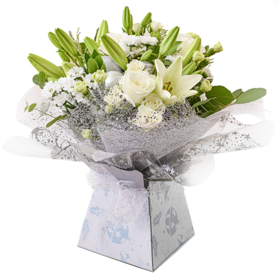 Ava - A creamy selection of blossoming buds in shades of white, complimented by greenery and carefully hand-tied. Beautifully presented, only the perkiest petals make up this creation. Include a message for that personal touch.