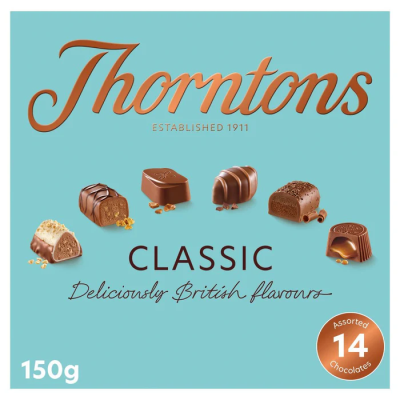 Thorntons Classic Chocolates 150gm - With over a century of chocolate making expertise, the most-loved Thorntons Classic Chocolates in a 150g box are a celebration of British tastes. From Gooey Caramel and Fudge Brownie to Tempting Toffee, our Thorntons Classic 150g Assortment offers a range of flavours and textures for everyone to enjoy.

14 Chocolates